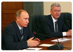Prime Minister Vladimir Putin and the Government's Chief of Staff Sergei Sobyanin at the meeting at the Mining and Chemical Combine in Zheleznogorsk