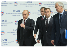Prime Minister Vladimir Putin, the leader of the United Russia party, President of the Russian Federation Dmitry Medvedev and speaker of the State Duma Boris Gryzlov at United Russia’s 10th congress