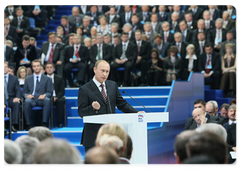 Prime Minister Vladimir Putin, the leader of the United Russia party, delivered a speech at United Russia’s 10th congress
