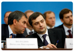 The secretary of the presidium of General Council of 'United Russia' Party Vyacheslav Volodin and First Deputy Chief of Staff of the Presidential Executive Office Vladislav Surkov at a meeting with Vladimir Putin