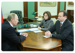 Prime Minister Vladimir Putin holding a meeting with Economic Development Minister Elvira Nabiullina and Norilsk Nickel (GMKN) CEO Vladimir Strzhalkovsky