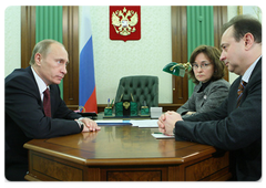 Prime Minister Vladimir Putin holding a meeting with Economic Development Minister Elvira Nabiullina and Norilsk Nickel (GMKN) CEO Vladimir Strzhalkovsky