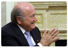 FIFA President Joseph Blatter at a meeting with Prime Minister Vladimir Putin