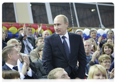 Prime Minister Vladimir Putin touring the Yantarny sports complex in Kaliningrad