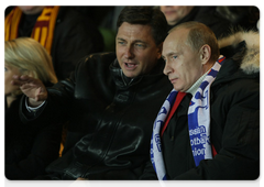 Prime Minister Vladimir Putin and Slovenian Prime Minister Borut Pahor attended the first 2010 World Cup qualifying match between the Russian and Slovenian national teams