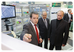 Prime Minister Vladimir Putin visiting an oil refinery and a natural gas processing plant, both of which convert natural resources into products of value, in the city of Nizhnekamsk, Tatarstan