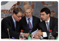 Russian Minister of Culture Alexander Avdeyev, Minister of Education and Science Andrei Fursenko, and Minister of Communications and Mass Media Igor Shchyogolev at the 14th meeting of the Russian-French Commission on Bilateral Cooperation held at the leve