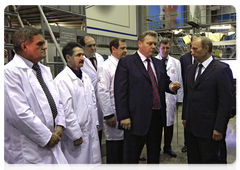 Prime Minister Vladimir Putin visiting an Energomash production facility in the town of Khimky, in the Moscow Region