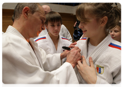Prime Minister Vladimir Putin during a judo training session at an advanced athletic school in St Petersburg