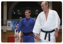 Prime Minister Vladimir Putin during a judo training session at an advanced athletic school in St Petersburg