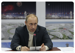 Prime Minister Vladimir Putin at a meeting to review progress in building Olympic facilities and develop Sochi as a mountain health resort
