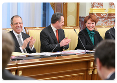 Minister of Foreign Affairs Sergei Lavrov, Sport, Tourism and Youth Policy Minister Vitaly Mutko, Minister of Agriculture Elena Skyrinnik at the Government meeting