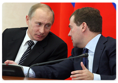 President Dmitry Medvedev and Prime Minister Vladimir Putin at a meeting of the Presidential Council on Physical Fitness and Sports, Sports Records, and Preparations for the 2014 Winter Olympics and Paralympics in Sochi