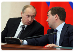 President Dmitry Medvedev and Prime Minister Vladimir Putin at a meeting of the Presidential Council on Physical Fitness and Sports, Sports Records, and Preparations for the 2014 Winter Olympics and Paralympics in Sochi