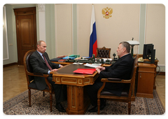 Prime Minister Vladimir Putin during a meeting with Deputy Speaker of the State Duma, leader of the Liberal Democratic Party Vladimir Zhirinovsky