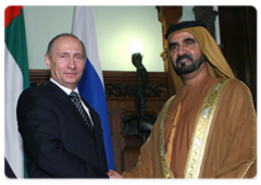 Prime Minister Vladimir Putin meets Mohammed Al Maktoum, the Prime Minister of the United Arab Emirates