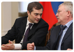 Vladislav Surkov and Oleg Morozov attending a meeting chaired by Vladimir Putin