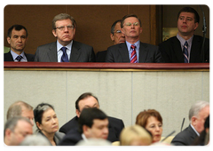 Rashid Nurgaliev, Alexei Kudrin, Sergei Ivanov and Alexander Konovalov during the State Duma meeting at which Prime Minister Vladimir Putin made an annual Government report