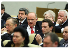 Communist leader Gennady Zyuganov during the State Duma meeting at which Prime Minister Vladimir Putin made an annual Government report