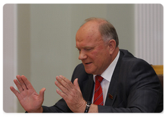 Leader of the CPRF in the State Duma, Gennady Zyuganov during a meeting with Prime Minister Vladimir Putin