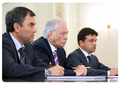 Viacheslav Volodin, Boris Gryzlov, Andrei Vorobyov during the meeting between Prime Minister Vladimir Putin and the representatives of the United Russia political party