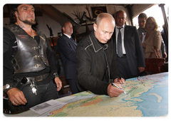 Prime Minister Vladimir Putin visiting the Night Wolves motorcycle club headquarters