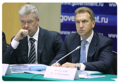 Russian Deputy Prime Minister and Head of the Government Staff Sergei Sobyanin and  First Deputy Prime MinisterIgor Shuvalov during a  meeting of the Government Commission on Regional Development in Kislovodsk