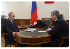 Prime Minister Vladimir Putin meeting with Dmitry Dmitriyenko, the Governor of the Murmansk Region