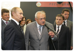 Russian Prime Minister Vladimir Putin visiting an exhibition of development plans for the constituent entities of the Russian Federation as part of his participation in the Sochi International Investment Forum