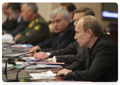 Prime Minister Vladimir Putin at a meeting in Voronezh to discuss re-equipping the Russian Armed Forces with cutting-edge arms and military machinery to enhance their command, reconnaissance and communication capabilities
