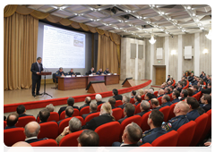 Prime Minister Vladimir Putin speaking at a nationwide meeting of the Emergencies Ministry