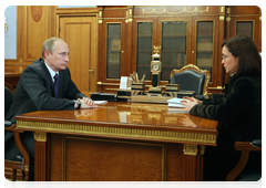 Prime Minister Vladimir Putin during a meeting with Economic Development Minister Elvira Nabiullina