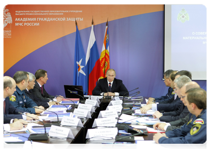 Prime Minister Vladimir Putin holding a meeting on upgrading the equipment of the Emergencies Ministry