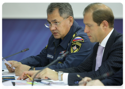 Minister of Civil Defence, Emergencies and Disaster Relief Sergei Shoigu at a meeting on upgrading the equipment of the Emergencies Ministry