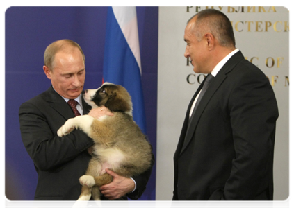Bulgarian Prime Minister Boyko Borissov presenting Prime Minister Vladimir Putin with a Bulgarian Shepherd Dog after the media conference