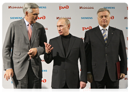 Prime Minister Vladimir Putin during the signing of an agreement between Russian Railways and Siemens