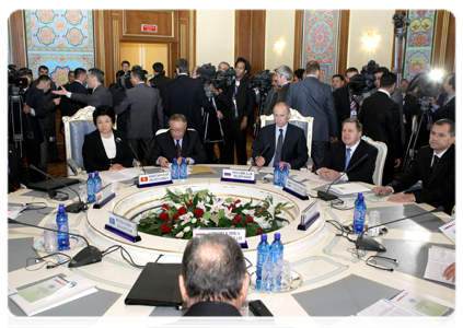 Prime Minister Vladimir Putin taking part in a limited attendance meeting of Shanghai Cooperation Organisation heads of government