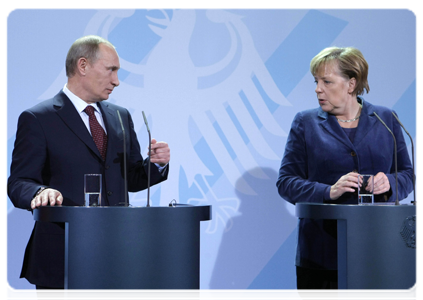 Prime Minister Vladimir Putin and Chancellor of the Federal Republic of Germany Angela Merkel holding a joint news conference following Russian-German talks