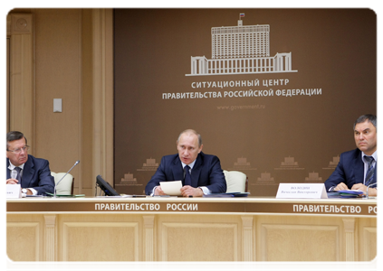 Prime Minister Vladimir Putin holding a teleconference on the financial support for the agricultural sector in 2010