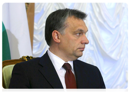 Hungarian Prime Minister Viktor Orban at a meeting with Prime Minister Vladimir Putin