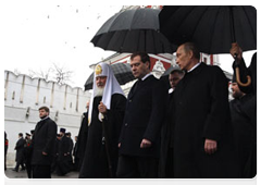 President Dmitry Medvedev, Prime Minister Vladimir Putin and Patriarch Kirill of Moscow and All Russia attending memorial service for prominent politician and statesman Viktor Chernomyrdin
