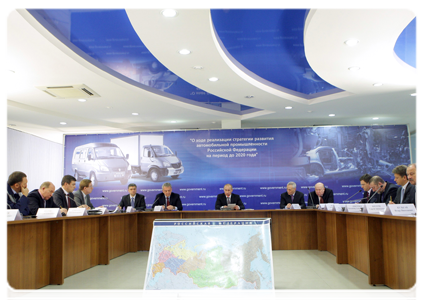 Prime Minister Vladimir Putin chairing a meeting to review progress in implementing the automobile industry development strategy until 2020