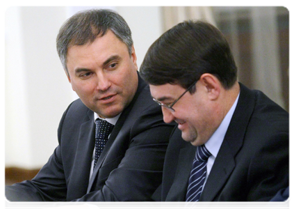 Deputy Prime Minister and Chief of the Government Staff Vyacheslav Volodin and Minister of Transport Igor Levitin at a meeting of the Government Commission on Monitoring Foreign Investment