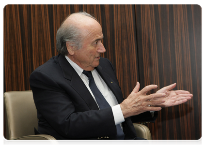 FIFA President Joseph Blatter at a meeting with Prime Minister Vladimir Putin