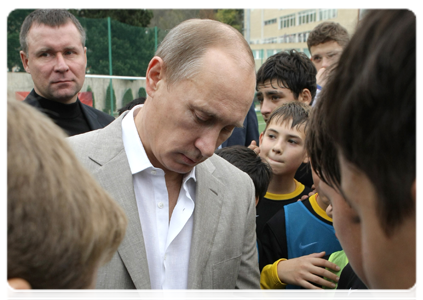 Prime Minister Vladimir Putin meeting with boys from the football team Zhemchuzhina during his visit to the Yug Sport training ground in Sochi