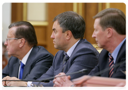 First Deputy Prime Minister Viktor Zubkov, Deputy Prime Minister and Chief of Staff Vyacheslav Volodin, and Deputy Prime Minister Sergei Ivanov at a Government meeting