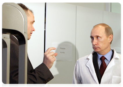 Prime Minister Vladimir Putin at the ChemRar centre in Khimki