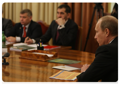Prime Minister Vladimir Putin during a meeting on the social and economic development of the Republic of Ingushetia in Magas, while visiting the North Caucasian Federal District