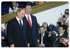 Prime Minister Vladimir Putin and Chinese Vice-President Xi Jinping during the opening ceremony for the Year of the Chinese Language in Russia