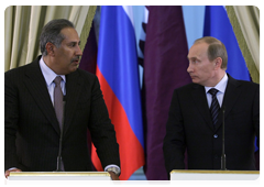 Председатель Правительства Российской Федерации В.В.Путин и Премьер-министр Катара Хамад Бен Джасем провели совместную пресс-конференцию